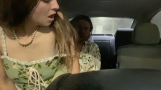 Almost got caught fucking in the car – her cute little sundress flipped up and panties aside